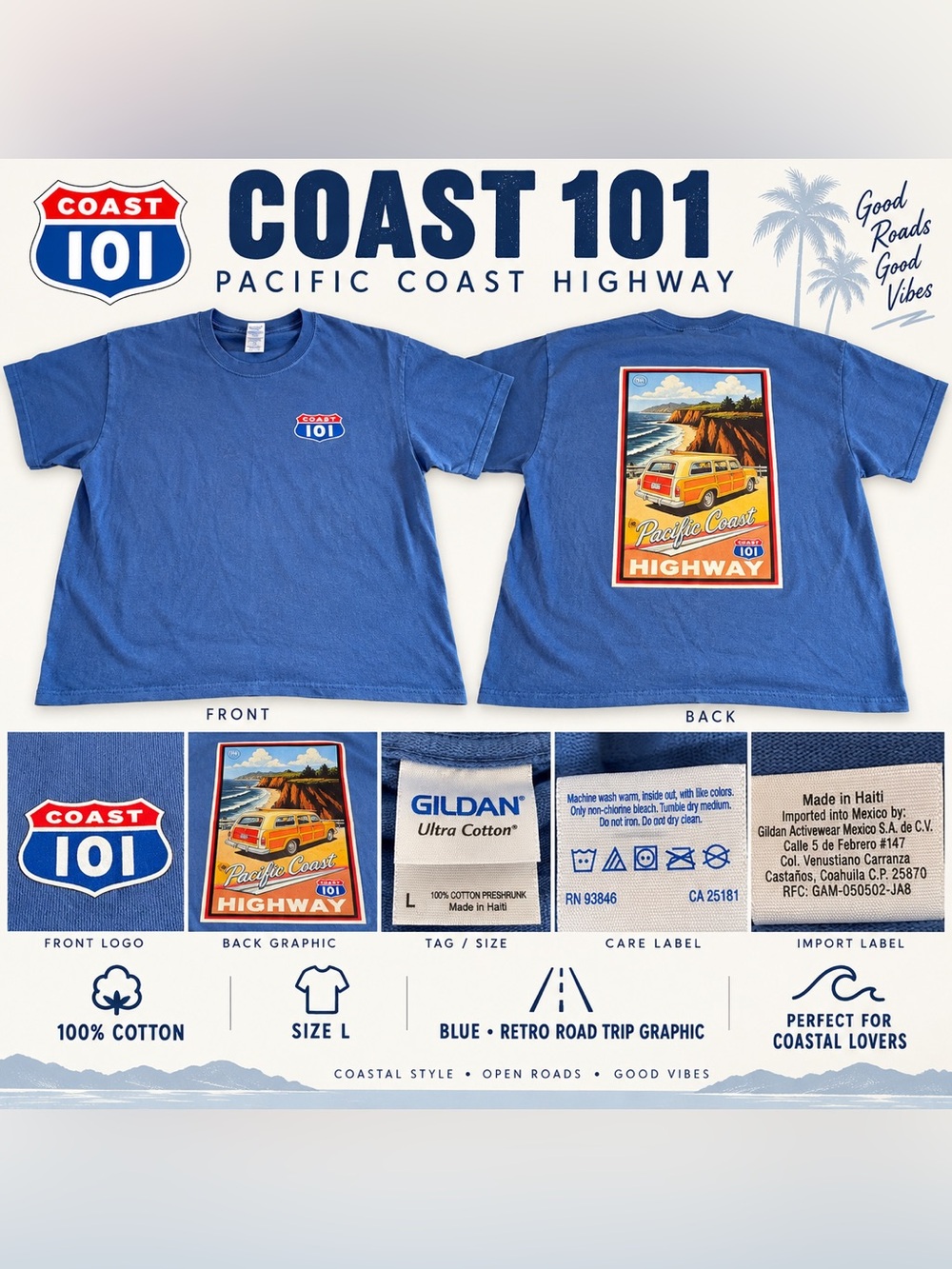 Gildan Blue Short Sleeve Tee with Retro Pacific Coast Highway Graphic